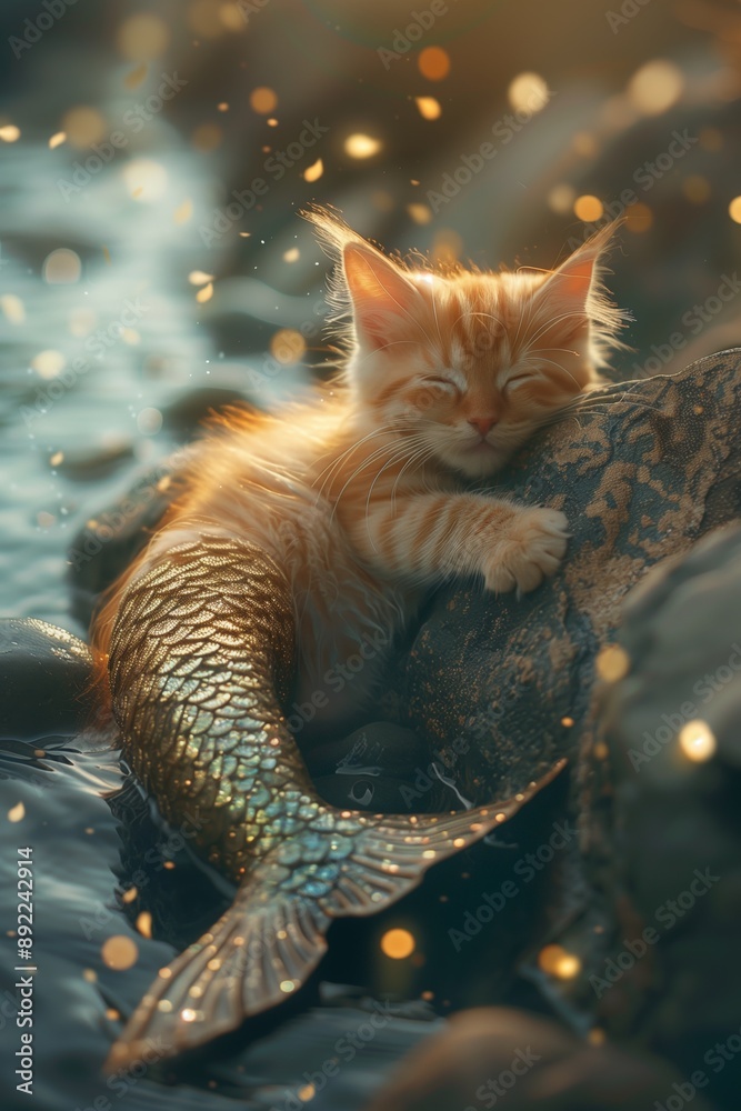 Obraz premium A kitten is sleeping on a rock with a mermaid tail