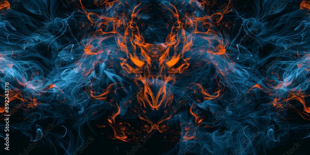 Fototapeta premium The fiery and smoky, abstract creature emerges in the darkness, a mystic, digital artwork concept