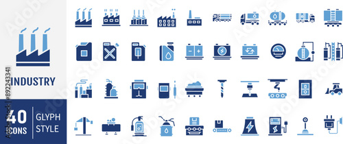 Set of 50 glyph Industry icon set. Factory, manufacturing symbol. Vector illustration