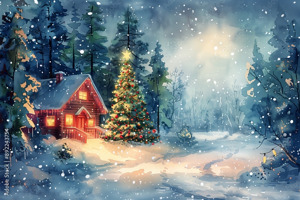 Fototapeta premium A Christmas scene with a house and a tree