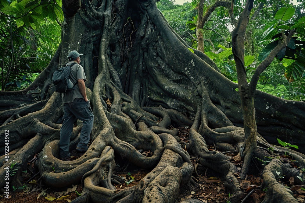 A lone hiker stands mesmerized by the massive gnarled roots of a towering tree in the heart of a lush tropical jungle A lone hiker stands mesmerized by the massive gnarled roots of a towering tree in the heart of a lush tropical jungle