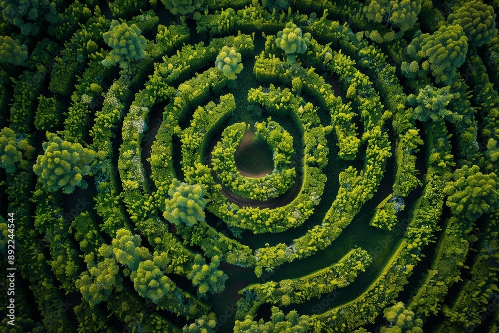 A maze of trees with a large green circle in the middle A maze of trees with a large green circle in the middle