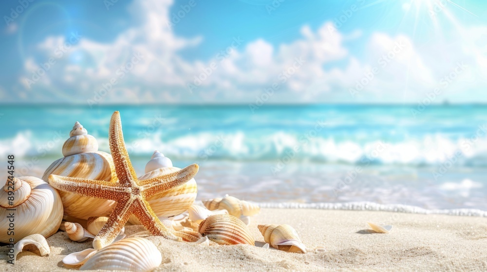 Seashells and Starfish on Sandy Beach with Blue Ocean Waves in Background. Ideal for Summer and Beach-Themed Concepts. Bright Colors and Relaxing Vibe. Perfect for Travel and Nature Themes. AI Seashells and Starfish on Sandy Beach with Blue Ocean Waves in Background. Ideal for Summer and Beach-Themed Concepts. Bright Colors and Relaxing Vibe. Perfect for Travel and Nature Themes. AI