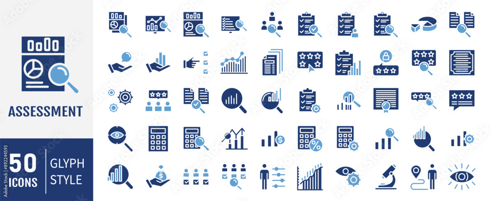 Assessment glyph icons set. Audit, analysis, plan, evaluation, result and goal. Vector illustration Assessment glyph icons set. Audit, analysis, plan, evaluation, result and goal. Vector illustration