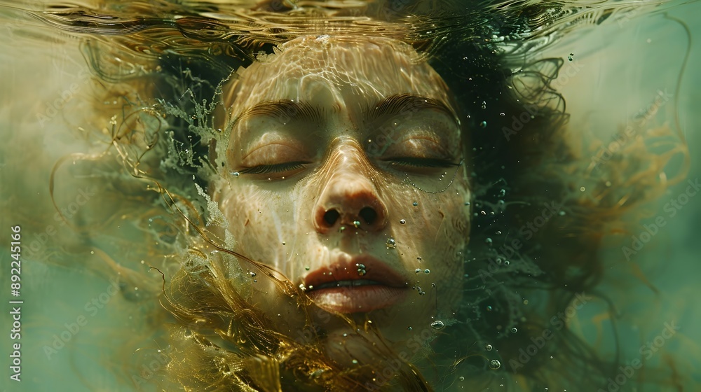 Surreal Underwater Portrait of a Face Emerging from a Fluid,Distorted Realm with Captivating Textures and Impressionistic Brushwork Surreal Underwater Portrait of a Face Emerging from a Fluid,Distorted Realm with Captivating Textures and Impressionistic Brushwork