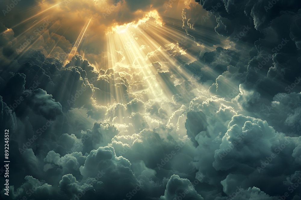 Fototapeta premium Sunbeams breaking through clouds, symbolizing hope and divine light