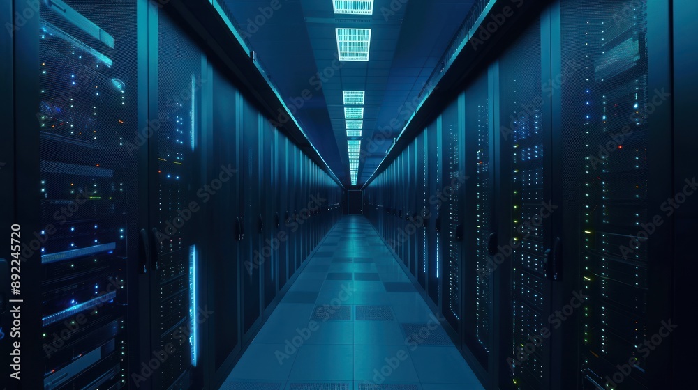 Server Room with Blue Lights and Metallic Cabinets Server Room with Blue Lights and Metallic Cabinets