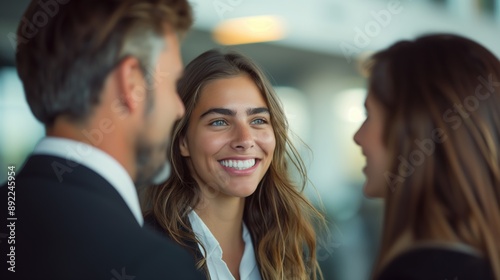 A group of business people mingling at a conference, laughing and having fun working together