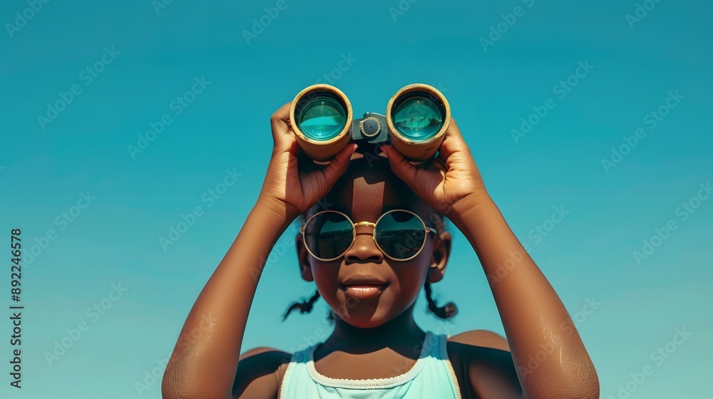 Beautiful Young Girl Looking Through Binoculars On Blue Sky Background. Travel Holidays Journey Concept. Beautiful Young Girl Looking Through Binoculars On Blue Sky Background. Travel Holidays Journey Concept.
