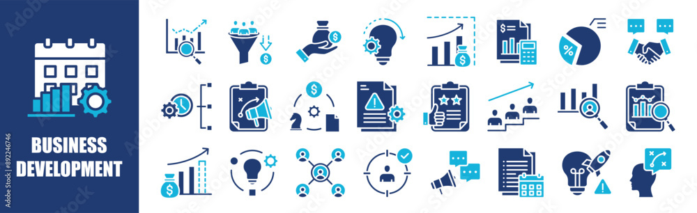 Business Development icon collection set. Containing design, business, development, technology, strategy, teamwork,and more. Solid vector icons collection. Business Development icon collection set. Containing design, business, development, technology, strategy, teamwork,and more. Solid vector icons collection.