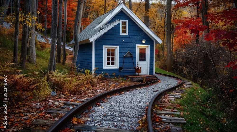 Naklejka premium A small blue painted house with white trim, located in a forest with trees bearing leaves of fiery red and gold. A meandering pathway made of railroad ties and gravel leads up to the house.