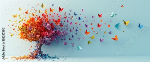 Abstract tree with colorful origami butterflies flying around on a light blue background vector illustration