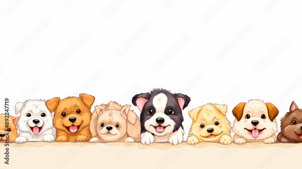Adorable Cartoon Puppies Lined Up with Happy Expressions on White Background Adorable Cartoon Puppies Lined Up with Happy Expressions on White Background