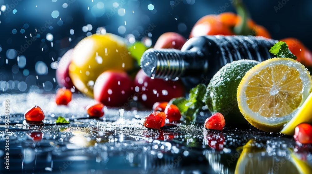 Fresh Fruits and Wine Bottle with Water Splash Fresh Fruits and Wine Bottle with Water Splash