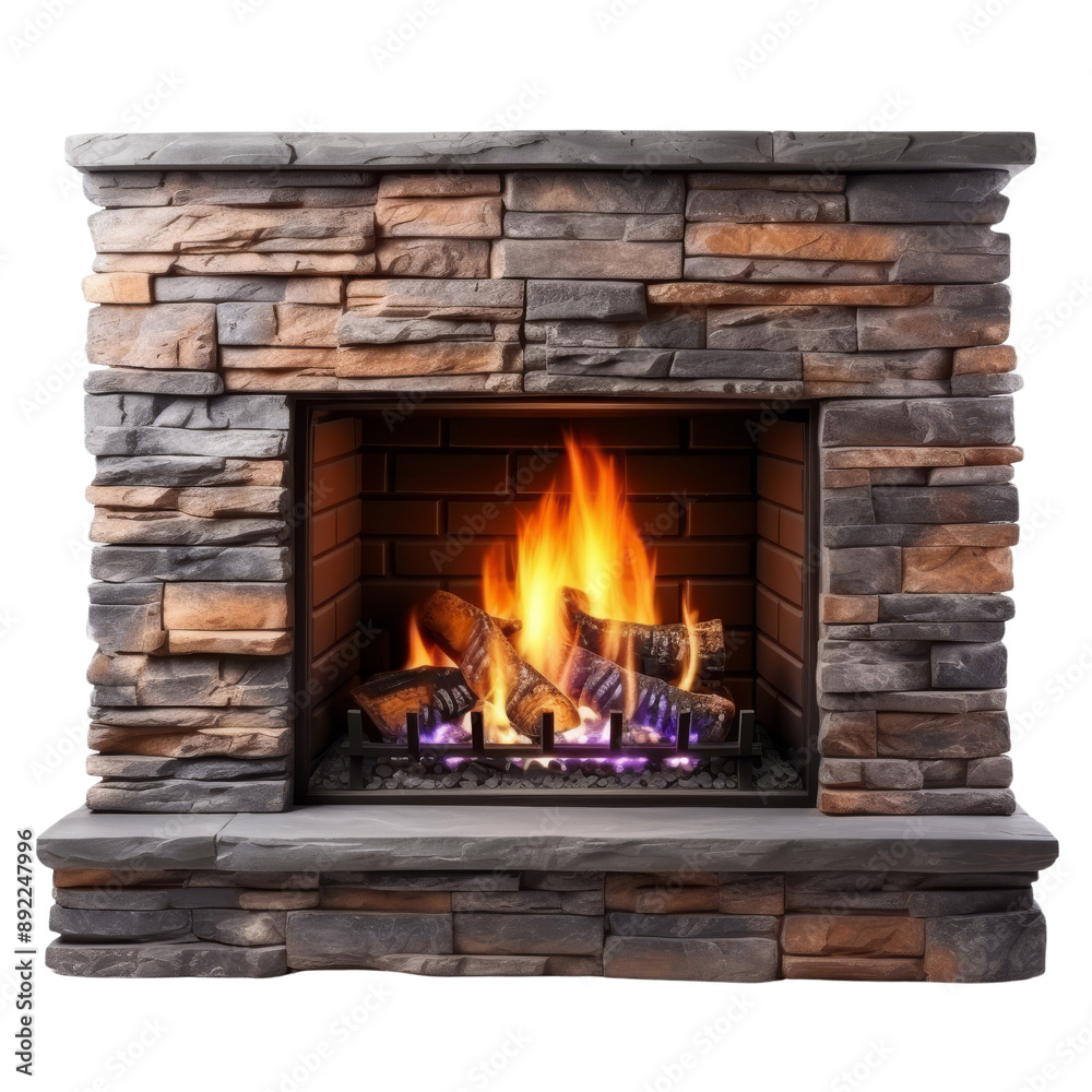 Isolated Fireplace with Flames and Stone Surround, No Background. Isolated Fireplace with Flames and Stone Surround, No Background.