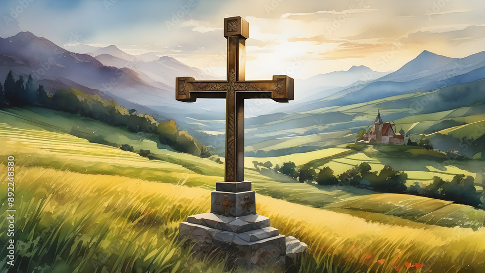 Cross in the field, cross in the field under the sunshine, holy spirit concept wallpaper, bible story background, ai generated Cross in the field, cross in the field under the sunshine, holy spirit concept wallpaper, bible story background, ai generated