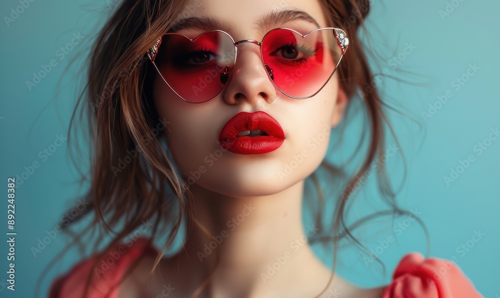 Stylish young woman posing with heart-shaped sunglasses. Free copy space for banner. Stylish young woman posing with heart-shaped sunglasses. Free copy space for banner.