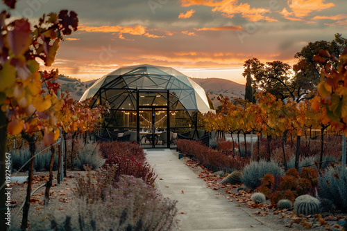 Autumnal Sunset Wine Tasting In A Vineyard Dome: Elegant Imagery For Luxury Agritourism And Exclusive Event Venue Marketing photo