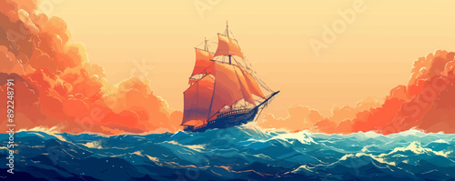 A rustic wooden sailing ship navigating through stormy seas. Vector flat minimalistic isolated illustration.