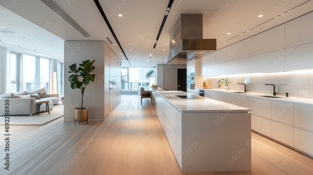 A spacious modern kitchen in a Scandinavian-style apartment featuring sleek white cabinets, a large island with a quartz countertop, and high-end stainless steel appliances. A spacious modern kitchen in a Scandinavian-style apartment featuring sleek white cabinets, a large island with a quartz countertop, and high-end stainless steel appliances.