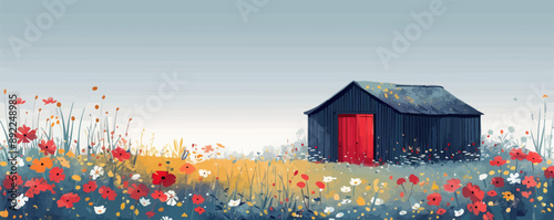 A tranquil countryside barn with red doors and a meadow filled with wildflowers. Vector flat minimalistic isolated illustration.