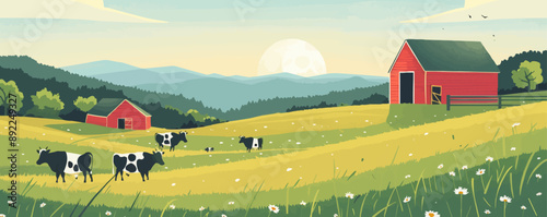 A serene countryside farm with red barns and grazing cows in the pasture. Vector flat minimalistic isolated illustration