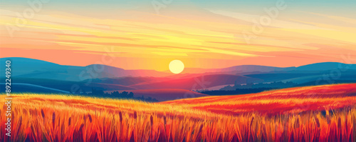 A radiant sunset casting long shadows over a field of golden wheat. Vector flat minimalistic isolated illustration.