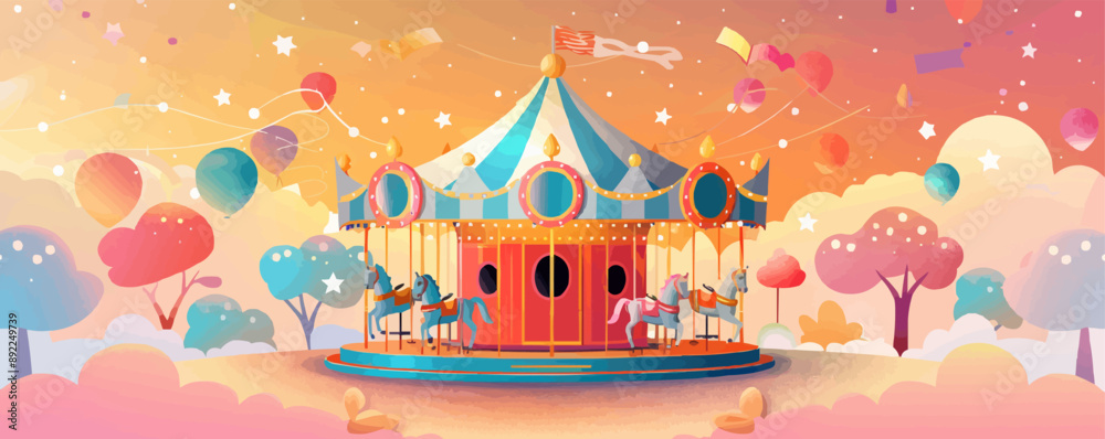Whimsical carousel spinning joyously in a carnival atmosphere. Vector flat minimalistic isolated illustration. Whimsical carousel spinning joyously in a carnival atmosphere. Vector flat minimalistic isolated illustration.