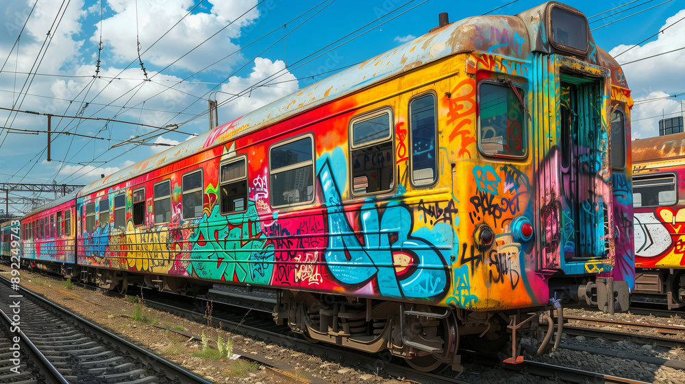 Fototapeta premium Colorful graffiti painted on a train car, moving along the tracks and catching attention