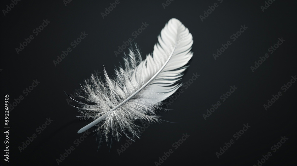 Obraz premium A photorealistic, high-resolution close-up of a white feather set against a black background. Generative AI