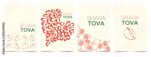 Set of Shana Tova cards with apple and pomegranate designs. Minimalist style on beige background. Concept of Jewish New Year greeting. Rosh Hashanah vector card collection.