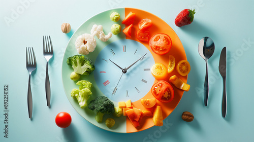 Colorful food and cutlery arranged in the form of a clock on a plate. Intermittent fasting, diet, weight loss photo