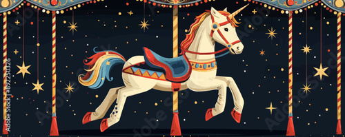 A whimsical carousel horse adorned with colorful ribbons. Vector flat minimalistic isolated illustration.