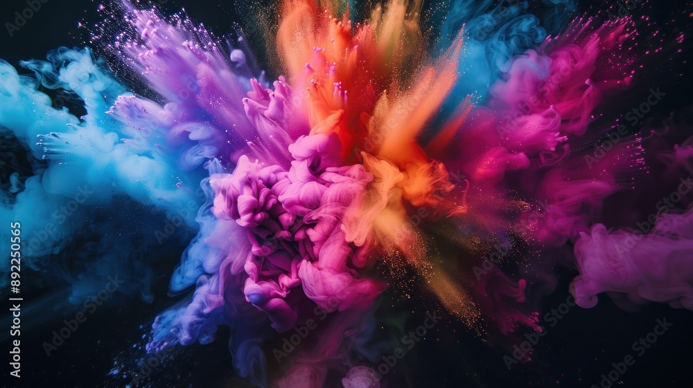 Abstract colorful powder explosion of smoke and fire on dark background Abstract colorful powder explosion of smoke and fire on dark background