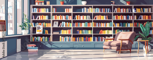 Modern bookstore interior with shelves and reading areas Vector flat minimalistic isolated illustration