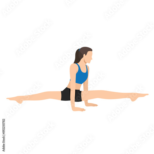 Woman doing Straddle Lift Pose or Hasta Upavistha Konasana yoga exercise. Flat vector illustration isolated on white background