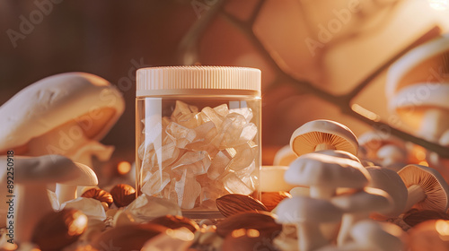 Hologram of Vitamin B2 in Plastic Container Surrounded by Almonds and Mushrooms for Radiant Skin and Smooth Complexion Ad photo