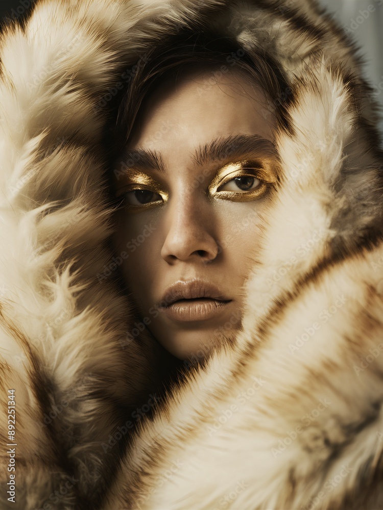 Golden Glamour: A captivating portrait of a woman with dramatic golden eyeshadow and a luxurious fur coat, creating a sense of opulence and mystery. Golden Glamour: A captivating portrait of a woman with dramatic golden eyeshadow and a luxurious fur coat, creating a sense of opulence and mystery.