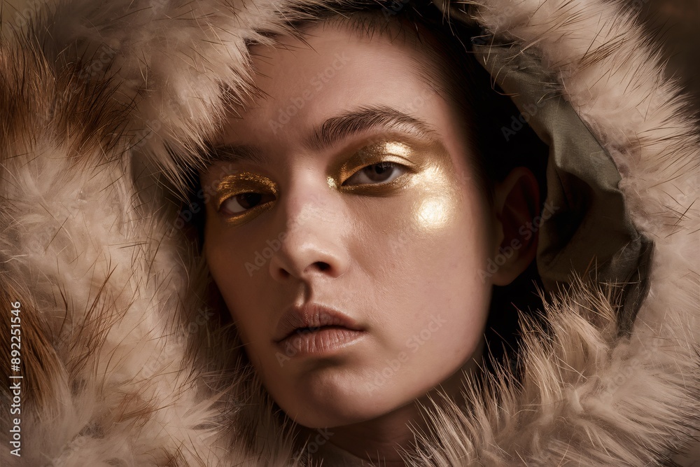 Golden Eye Gaze: A closeup portrait of a woman with shimmering gold eyeshadow, her face framed by a lush fur hood, evoking a sense of mystery and allure. Golden Eye Gaze: A closeup portrait of a woman with shimmering gold eyeshadow, her face framed by a lush fur hood, evoking a sense of mystery and allure.