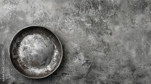 Aged pewter gray candy dish on cement surface with space for text