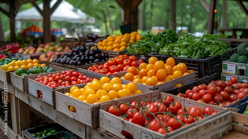 A bustling farmers market with a variety of goods