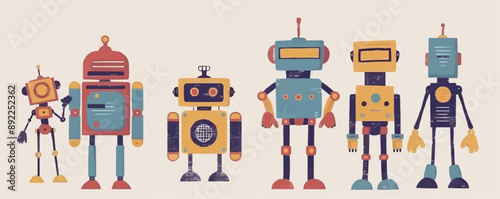 Toy robots on a white background. Vector flat minimalistic isolated illustration