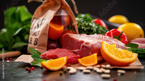 Vitamin B3 for Heart Health: Cholesterol Improvement, Arteries, Hologram, Paper Bag, Leafy Greens, Lean Meats photo