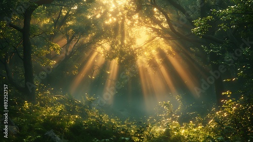A peaceful forest with sunlight filtering through the trees