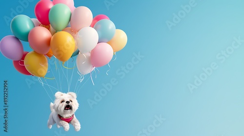 Cute Maltese Dog Floating With Colorful Balloons Against Blue Sky