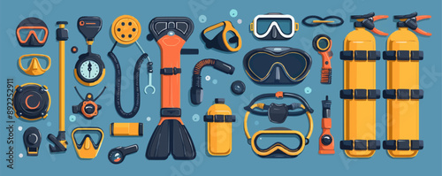 Vintage scuba diving gear with mask, snorkel, and oxygen tank Vector flat minimalistic isolated illustration