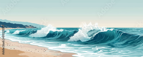 A serene seascape, its waves gently crashing against the shore, captured on a plain white surface. Vector flat minimalistic isolated illustration.