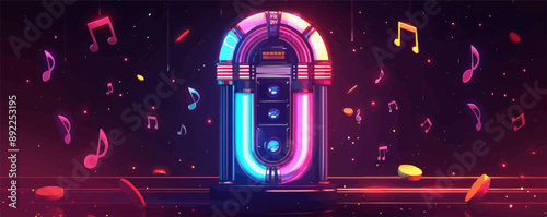Retro jukebox with glowing lights and music notes. Vector flat minimalistic isolated