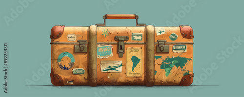 Vintage suitcase with travel stickers Vector flat minimalistic isolated illustration
