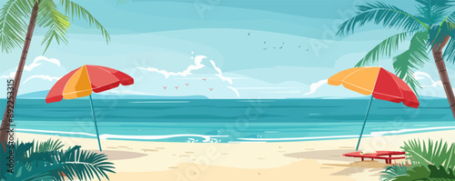 Tropical beach scene with colorful umbrellas and beach towels Vector flat minimalistic isolated illustration